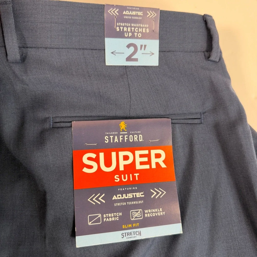 Stafford Super Suit Dress Pants 38x34 Blue Slim Fit Flex Waist Flat Front NWT